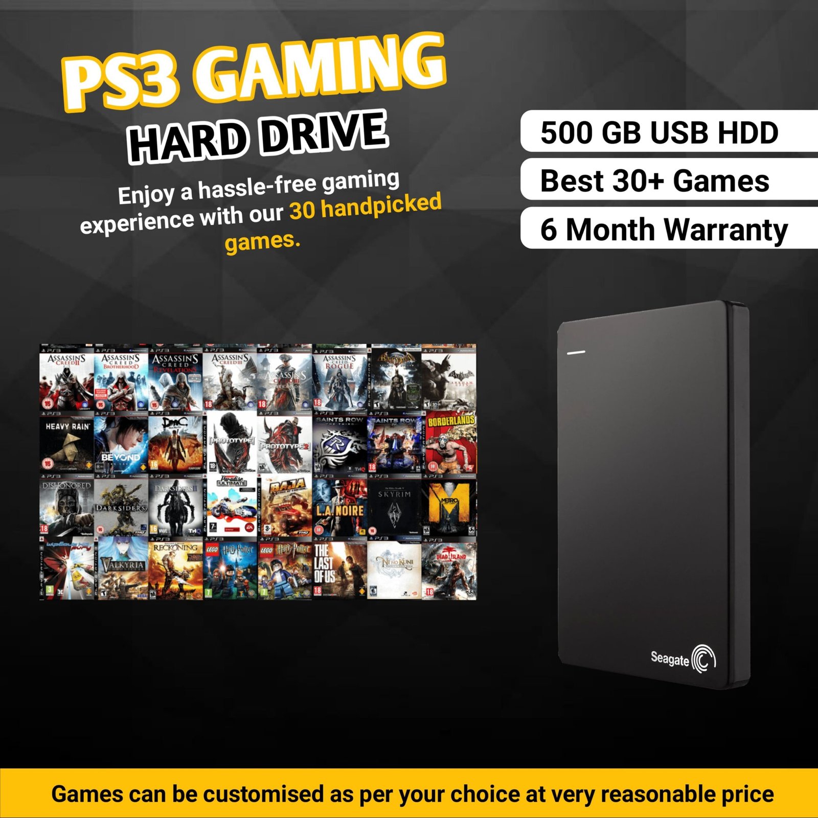 PS3 JB 500GB Internal HDD with Fully Top Games Loaded (Free 3.0 External Enclosure Caddy)