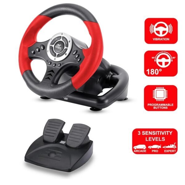Ant Esports GW170 Steering Wheel 180° With Pedals, Vibration Feedback (PS3, PS4, Xbox One, PC, Xbox Series X/S, Switch, and Android TV) [New] - Image 2