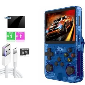 R36S Retro Handheld Game Console With 64G 3.5 Inch IPS Screen Built-In 20000+ Classic Games Open Source Linux System Portable Pocket Video Player With 3200Mah Battery(Transparent Blue) [New]