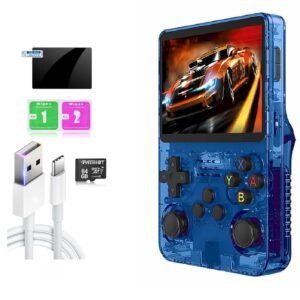 R36S Retro Handheld Game Console With 64G 3.5 Inch IPS Screen Built-In 20000+ Classic Games Open Source Linux System Portable Pocket Video Player With 3200Mah Battery(Transparent Blue) [New]