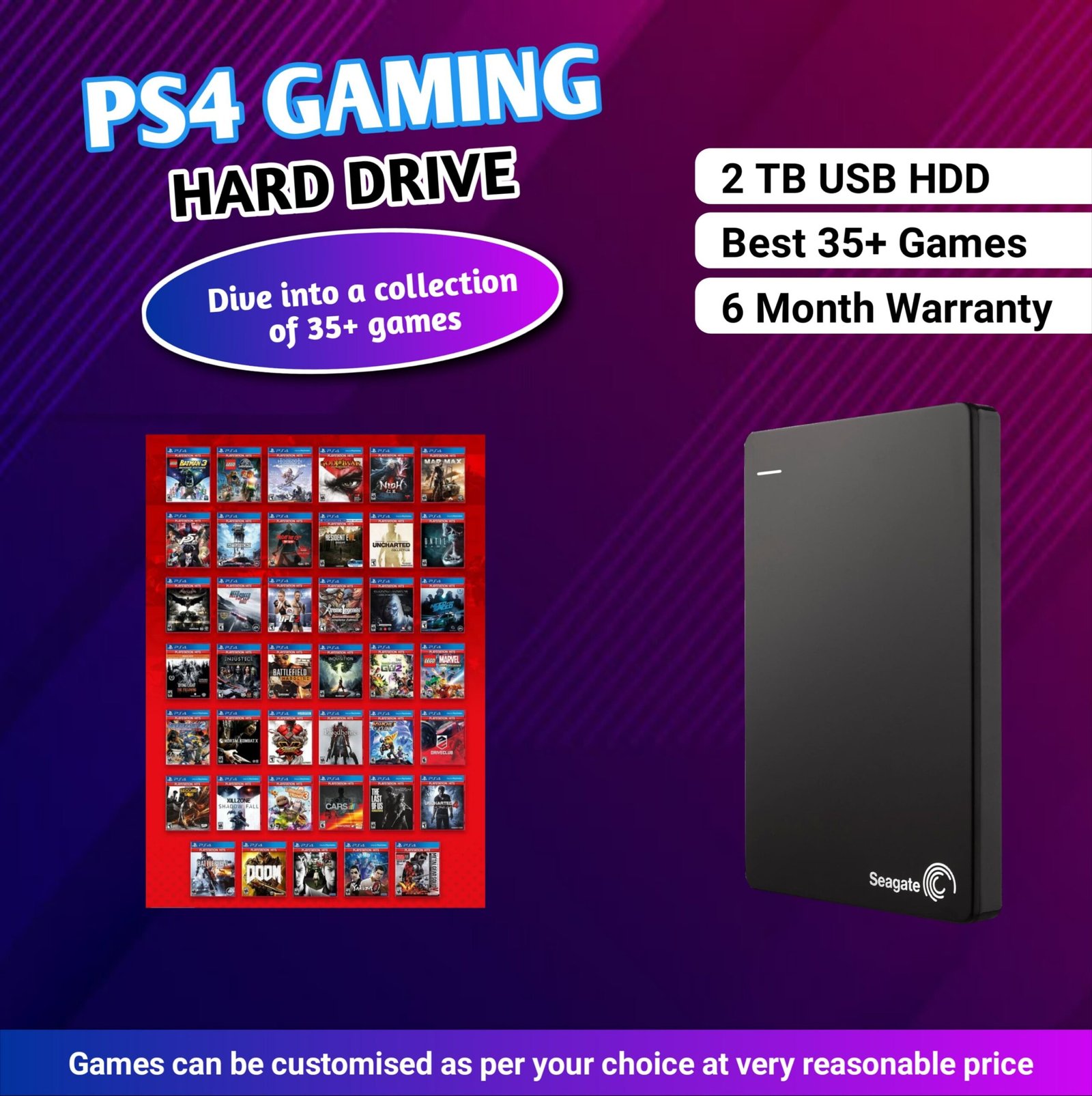 PS4 JB 9.0 To 12.02 Internal 2 TB HDD with Fully Top Games Loaded (Free 3.0 External Enclosure Caddy)